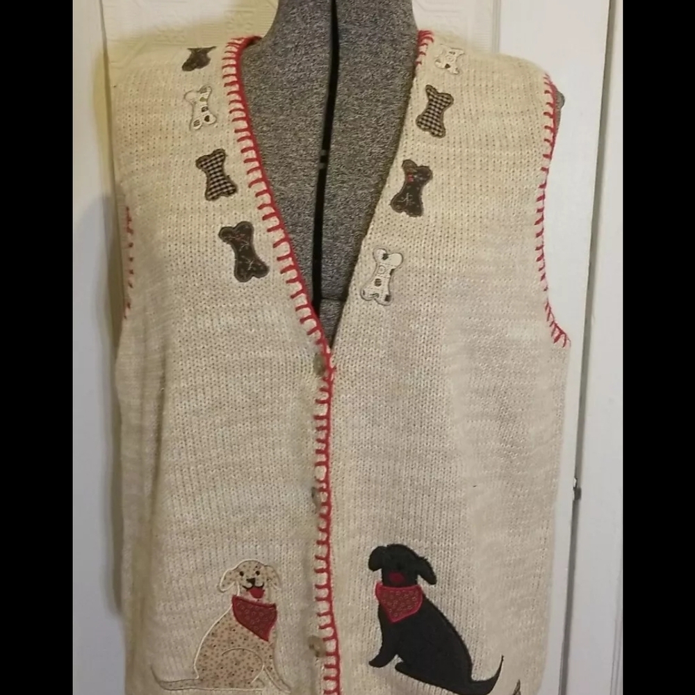 Orvis Vintage Women’s Dog Lover Puppy Dog Bone Sweater Vest Beige Sz LRG EUC